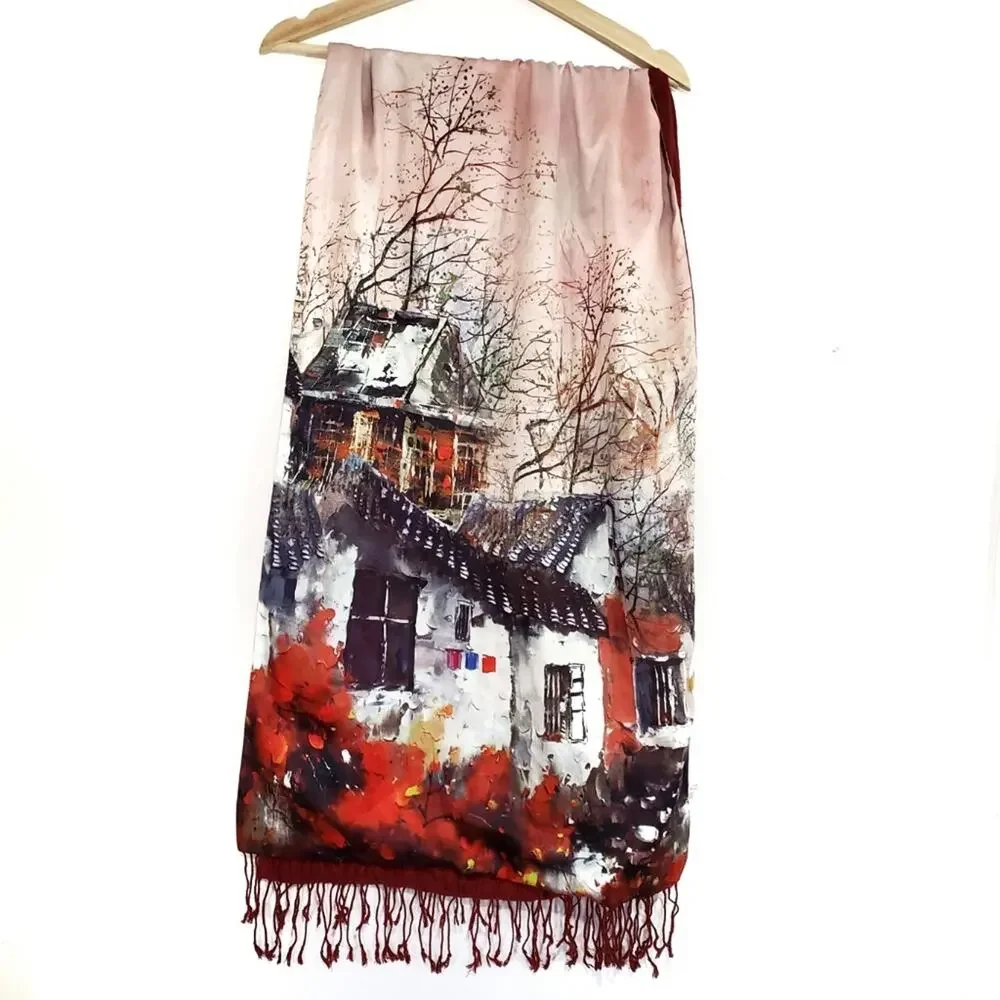 Beautiful Printed Silk Scarf Village Painting Watercolor Fringe Artwork
